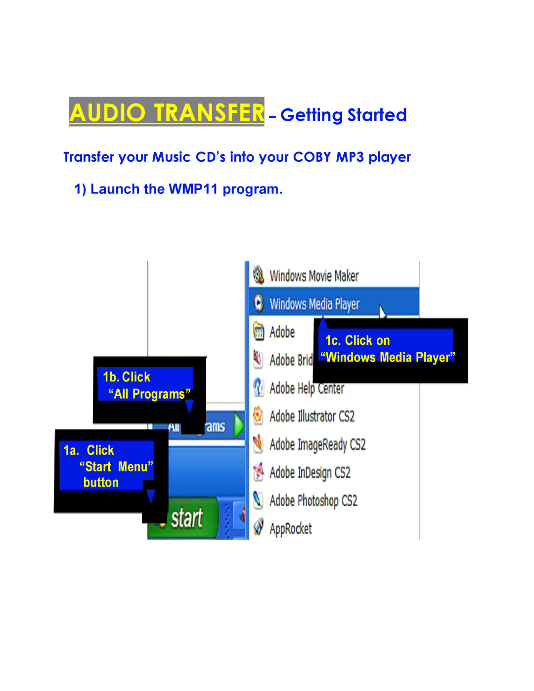 COBY electronic MPC7055 setup guide Audio Transfer Getting Started, Launch the WMP11 program 