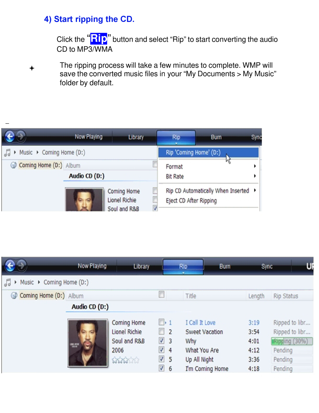 COBY electronic MPC7055 setup guide Start ripping the CD 