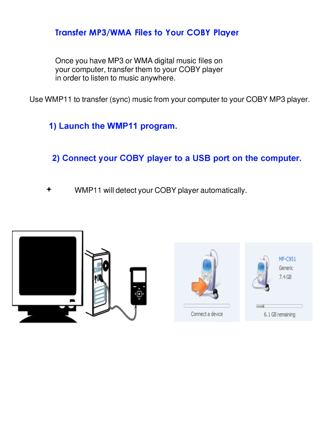 COBY electronic MPC7055 setup guide Transfer MP3/WMA Files to Your Coby Player 