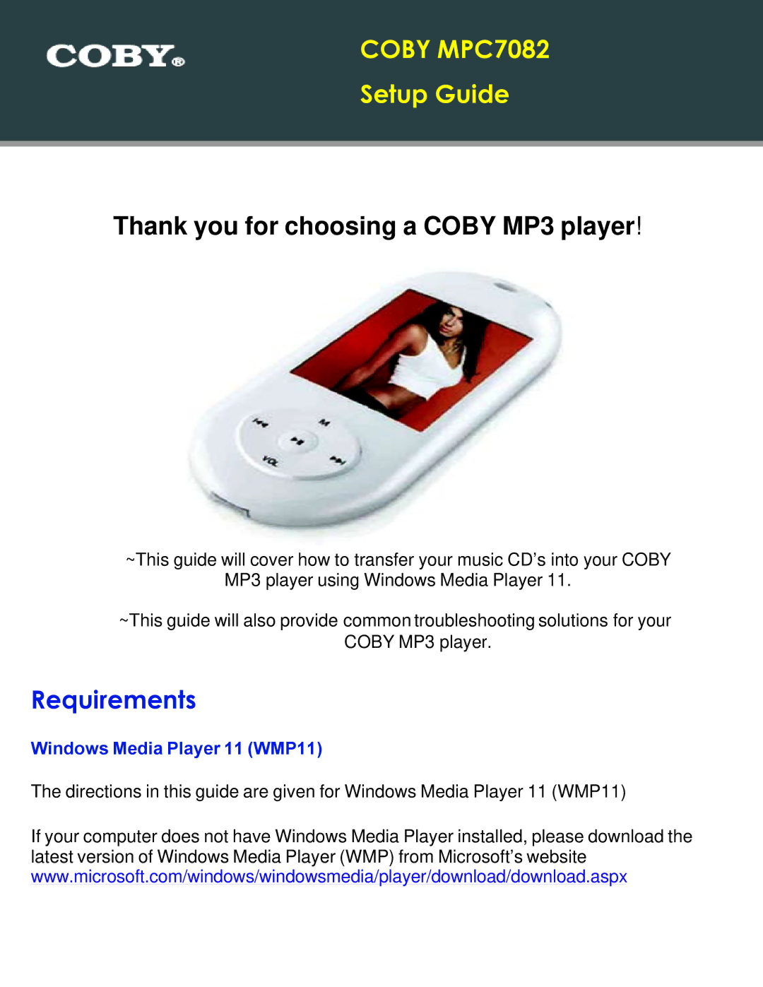 COBY electronic setup guide Coby MPC7082, Requirements 