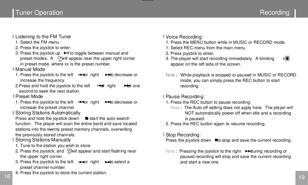 COBY electronic MPC751 user manual Tuner Operation Recording 