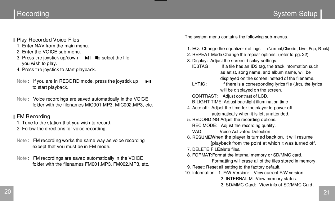 COBY electronic MPC751 user manual System Setup, Play Recorded Voice Files, FM Recording 