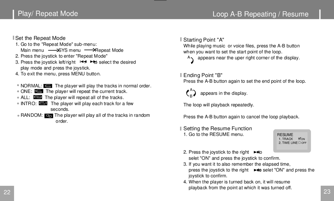 COBY electronic MPC751 user manual Play/ Repeat Mode, Loop A-B Repeating / Resume 