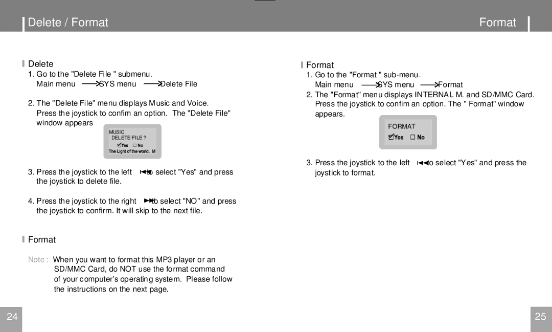 COBY electronic MPC751 user manual Delete / Format 