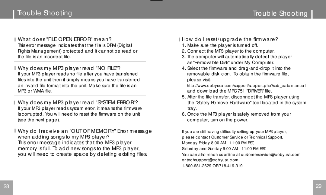 COBY electronic MPC751 user manual What does File Open Error mean?, Why does my MP3 player read no FILE? 