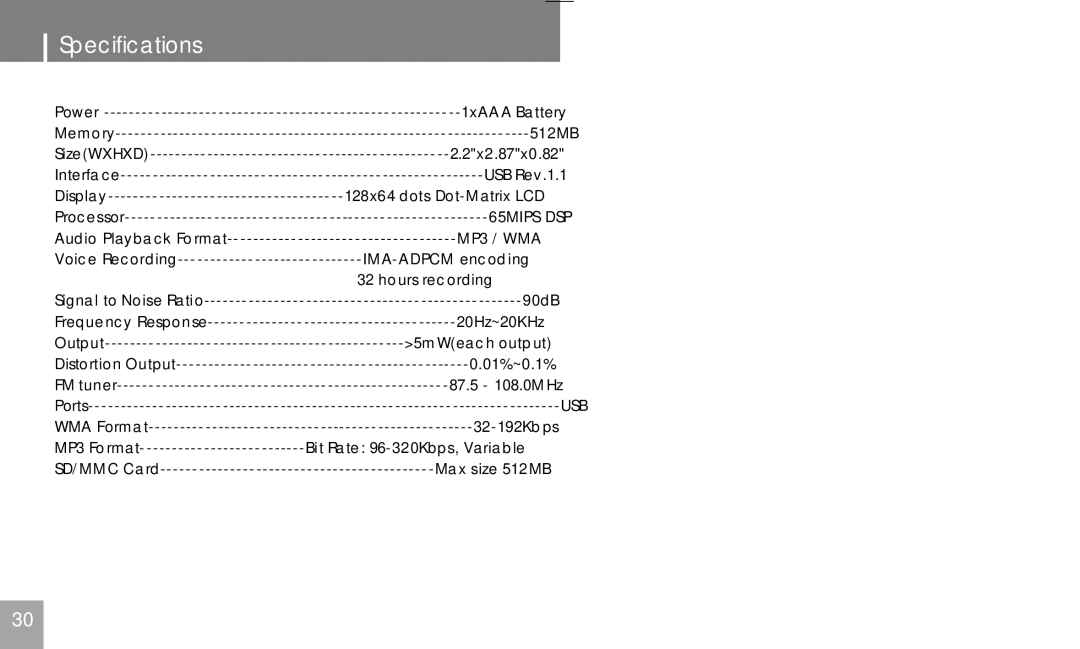 COBY electronic MPC751 user manual Specifications, MP3 / WMA 