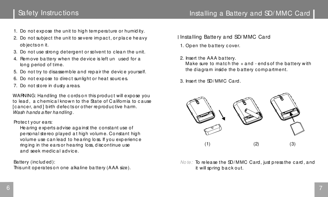 COBY electronic MPC751 user manual Safety Instructions, Installing Battery and SD/MMC Card 