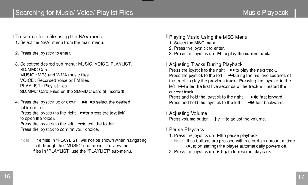 COBY electronic MPC751 user manual Searching for Music/ Voice/ Playlist Files, Music Playback 