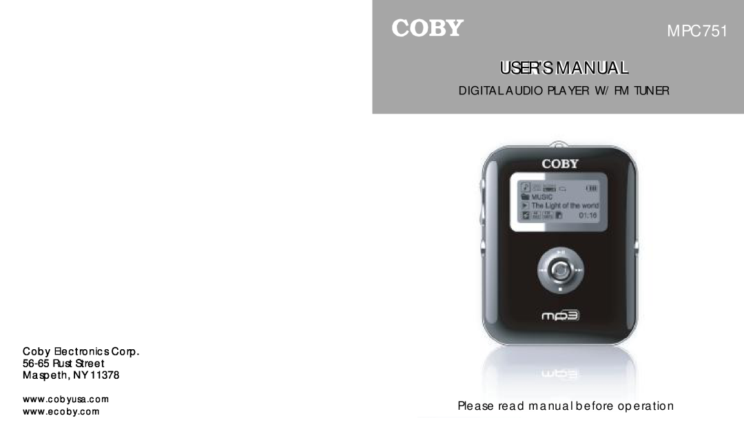 COBY electronic MPC751 user manual Digital Audio Player W/ Fm Tuner, Usersmanual 