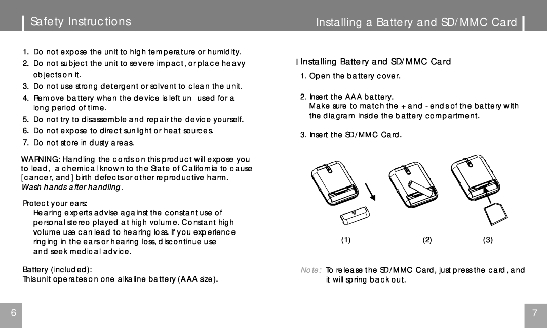 COBY electronic MPC751 user manual Safety Instructions, Installing Battery and SD/MMC Card, Protect your ears 