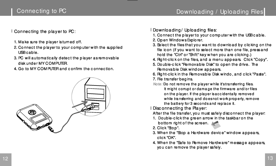 COBY electronic MPC751 user manual Connecting to PC, Downloading / Uploading Files, Connecting the player to PC 
