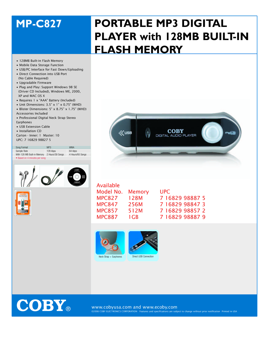 COBY electronic MPC827 specifications Portable MP3 Digital, Flash Memory, MP3 WMA 