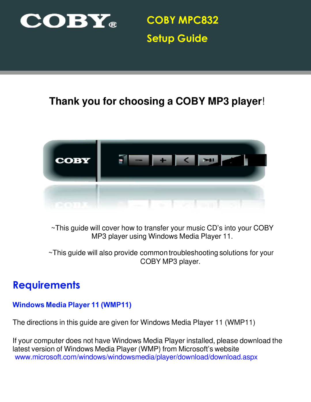 COBY electronic setup guide Coby MPC832 