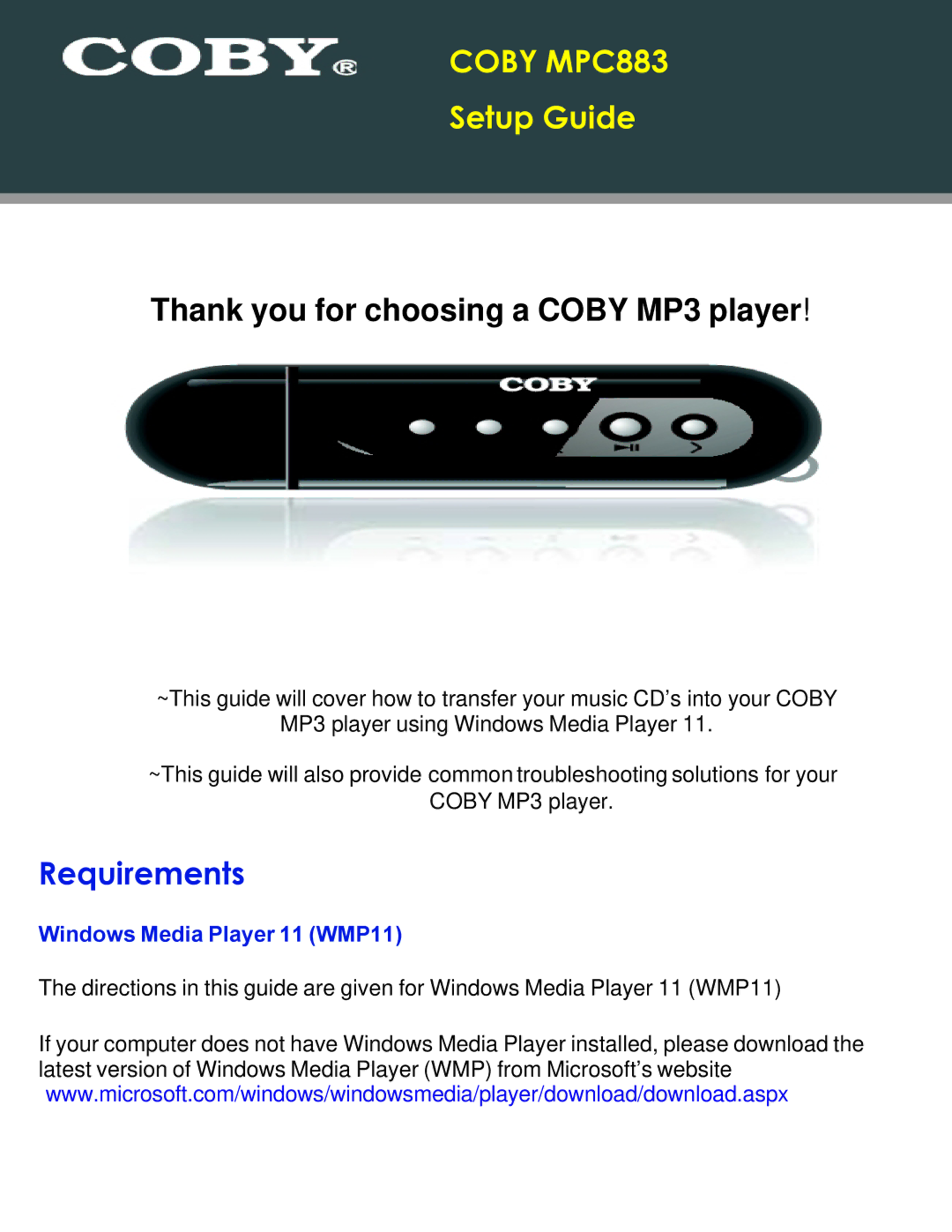 COBY electronic setup guide Coby MPC883 