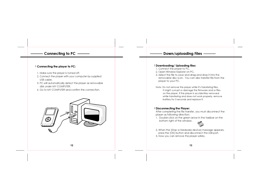 COBY electronic MPC941 Connecting to PC, Down/uploading Files, Connecting the player to PC, Downloading/ Uploading files 