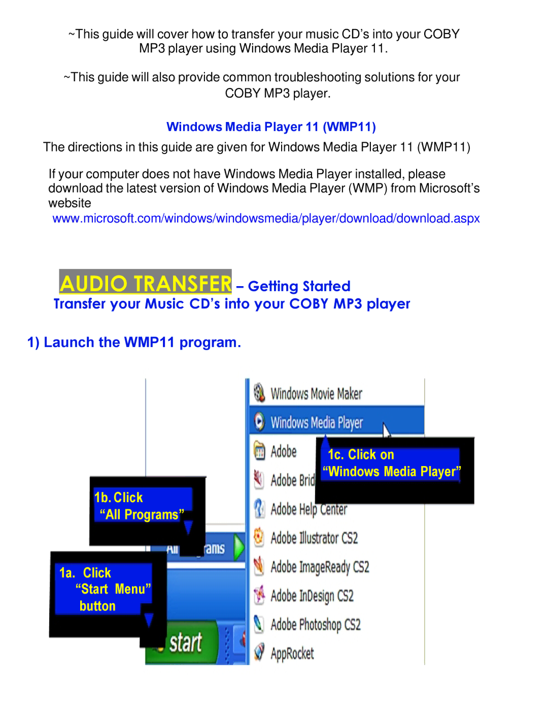 COBY electronic MPC983 setup guide Launch the WMP11 program 
