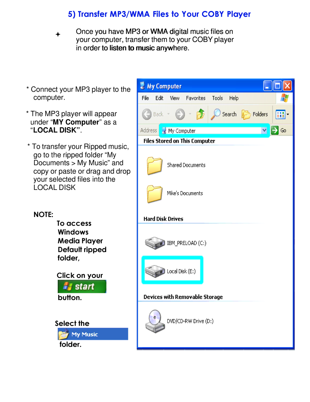 COBY electronic MPC983 setup guide Transfer MP3/WMA Files to Your Coby Player 
