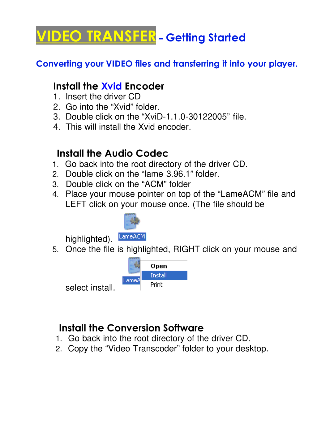 COBY electronic MPC983 setup guide Video Transfer Getting Started 