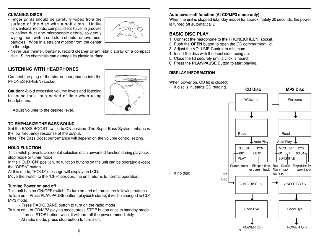 COBY electronic MPCD900 instruction manual Listening with Headphones, Basic Disc Play 