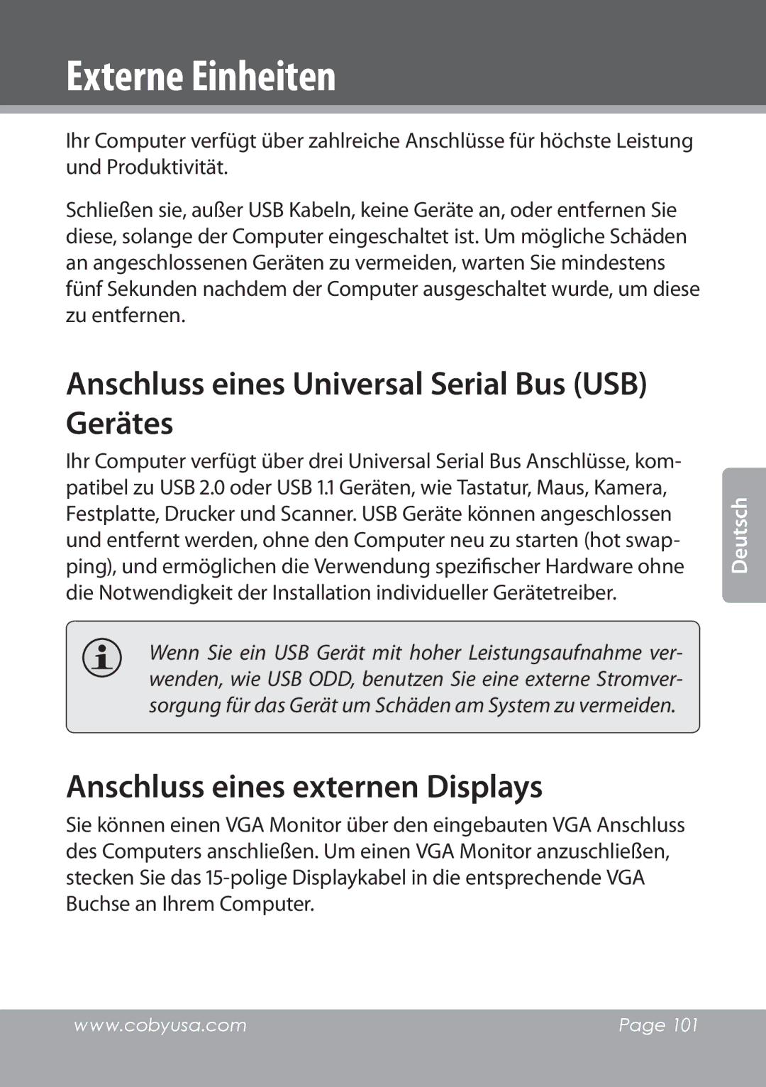 COBY electronic NBPC1022 instruction manual Externe Einheiten, Anschluss eines Universal Serial Bus USB Gerätes 