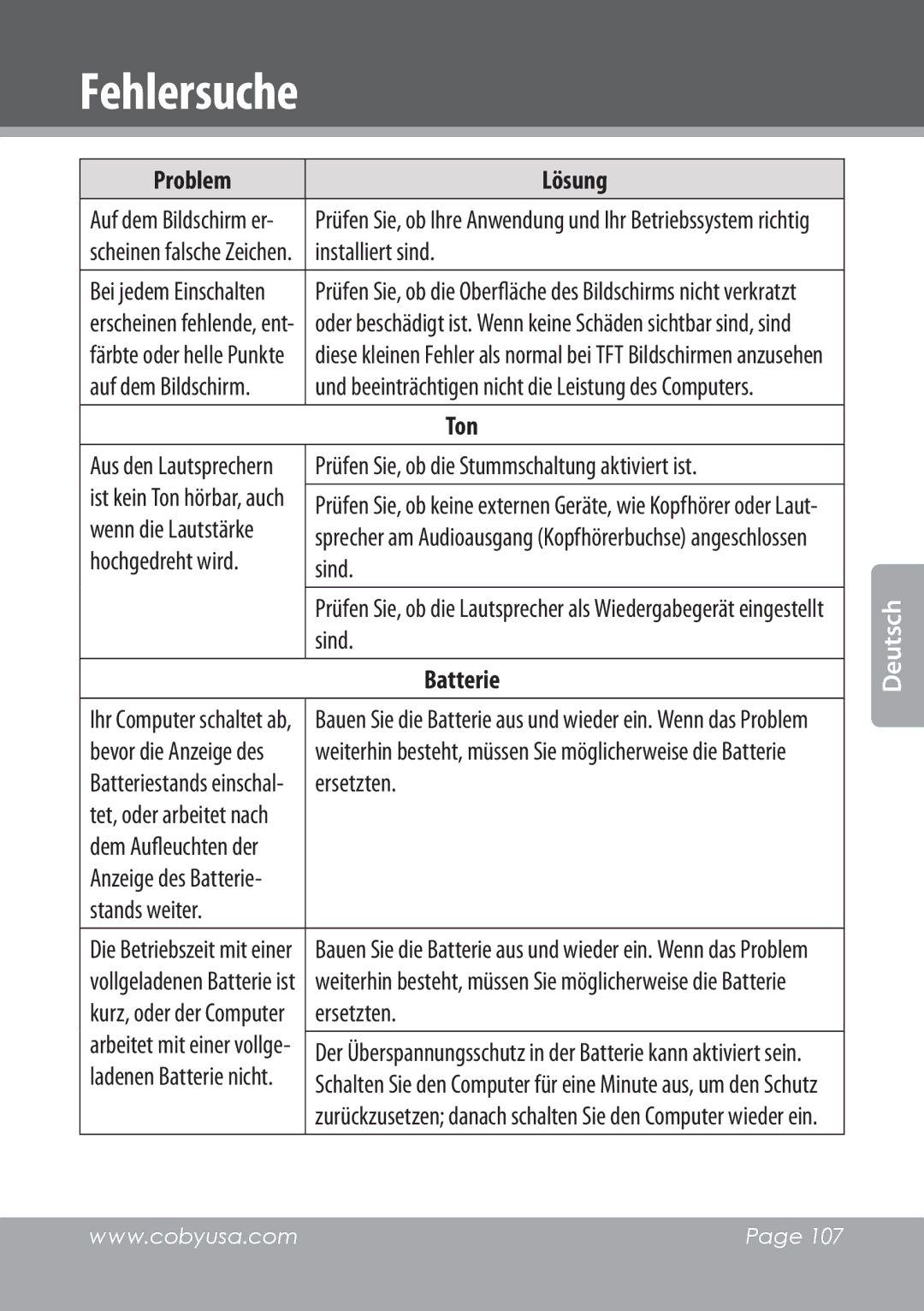 COBY electronic NBPC1022 instruction manual Ton, Batterie 