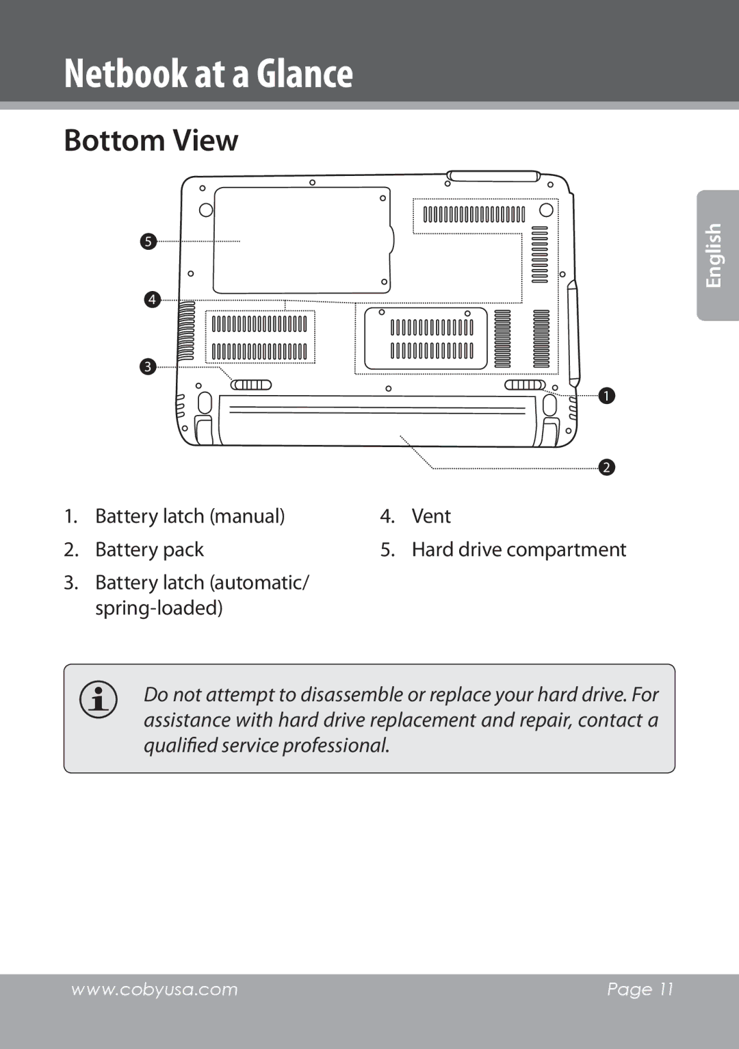 COBY electronic NBPC1022 instruction manual Bottom View, Battery latch automatic/ spring-loaded 