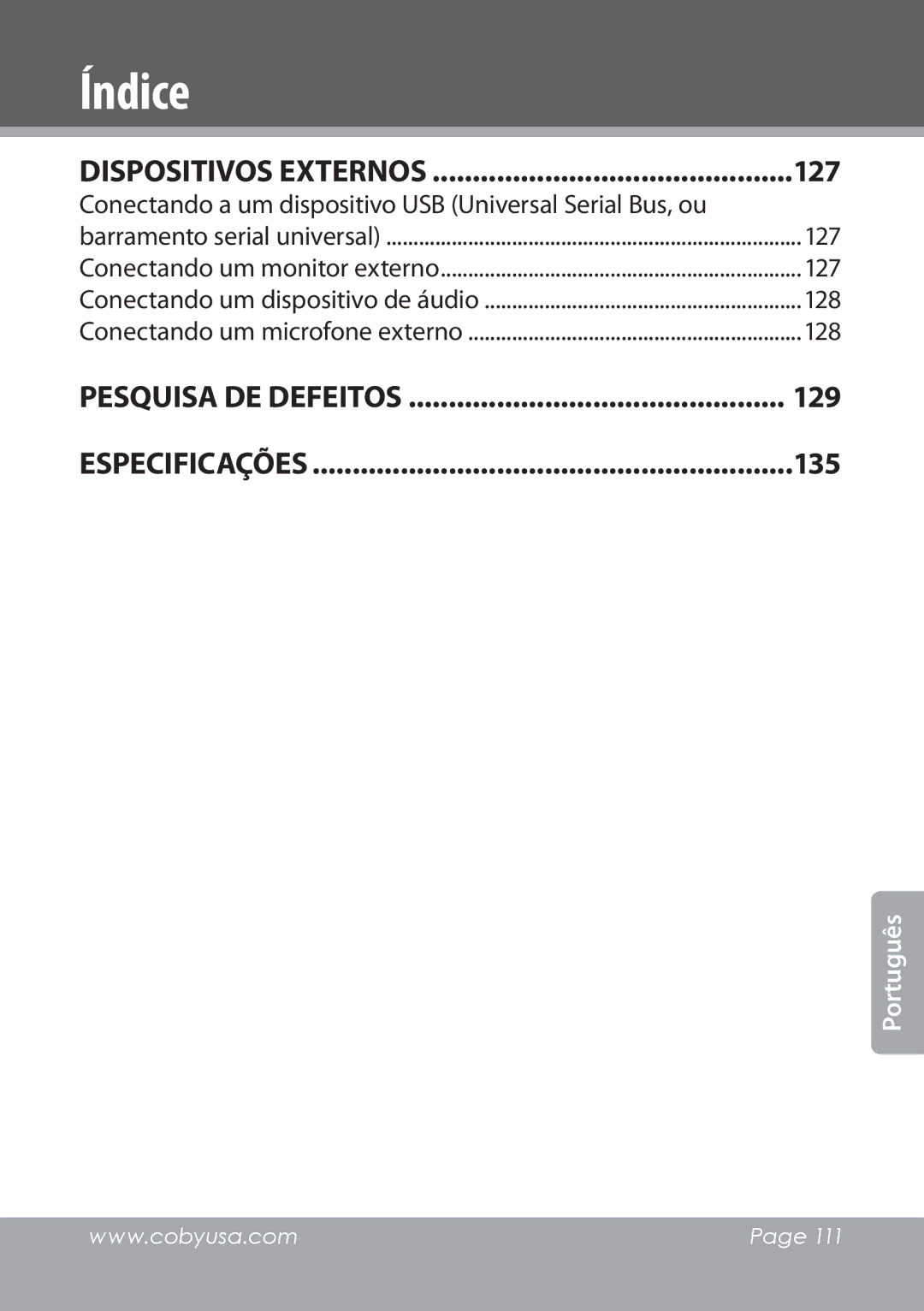 COBY electronic NBPC1022 instruction manual Conectando a um dispositivo USB Universal Serial Bus, ou, 127, 128 