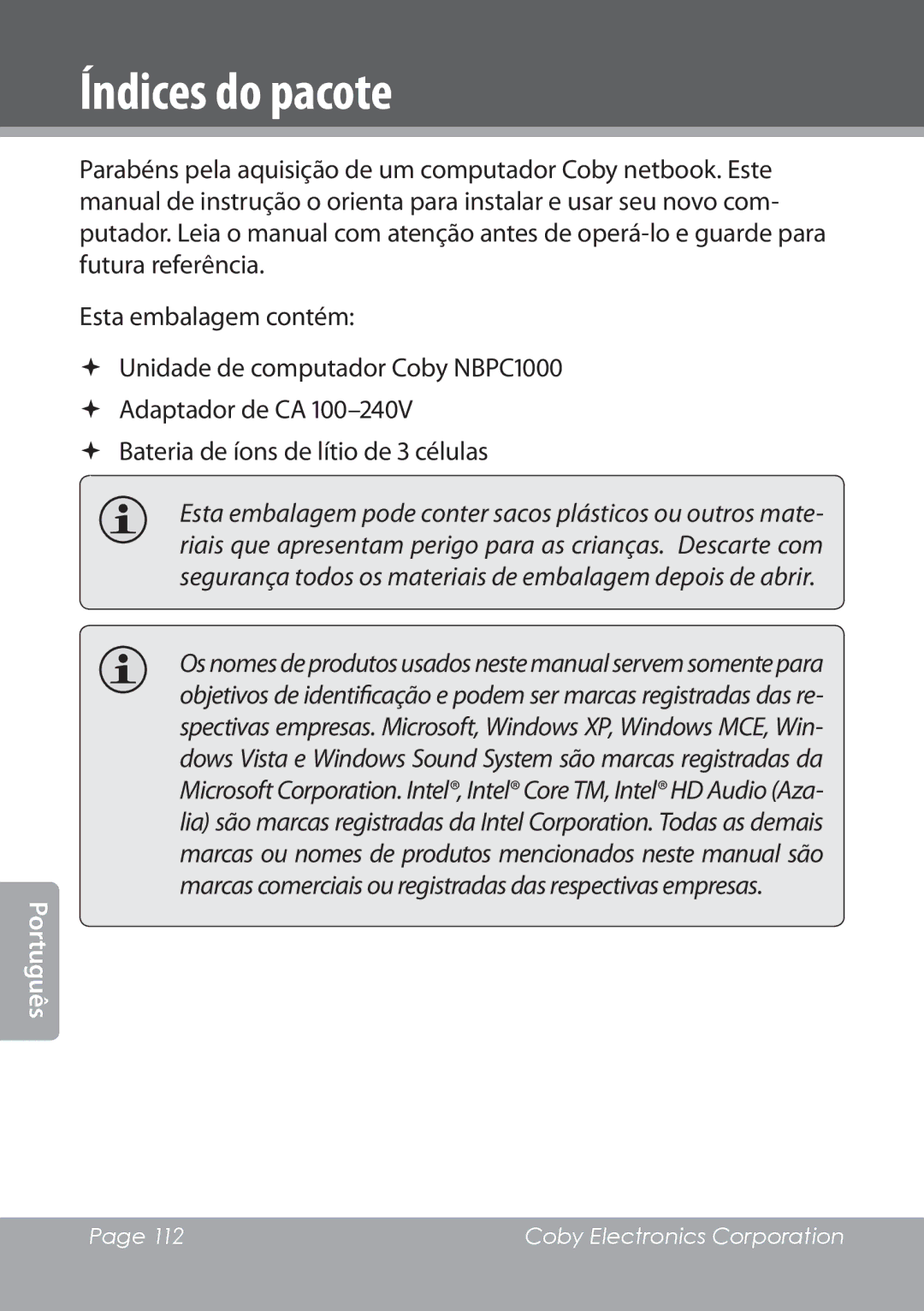 COBY electronic NBPC1022 instruction manual Índices do pacote,  Bateria de íons de lítio de 3 células 