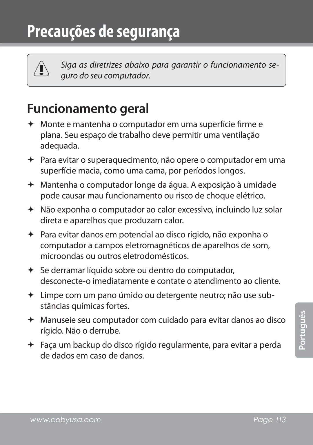 COBY electronic NBPC1022 instruction manual Precauções de segurança, Funcionamento geral 