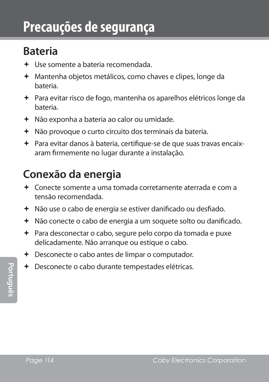 COBY electronic NBPC1022 instruction manual Bateria, Conexão da energia 