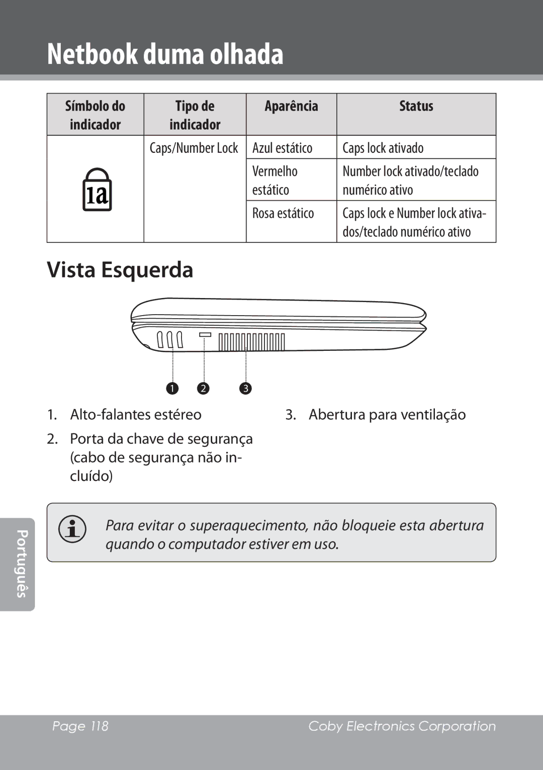 COBY electronic NBPC1022 Vista Esquerda, Caps lock ativado, Estático Numérico ativo, Dos/teclado numérico ativo 