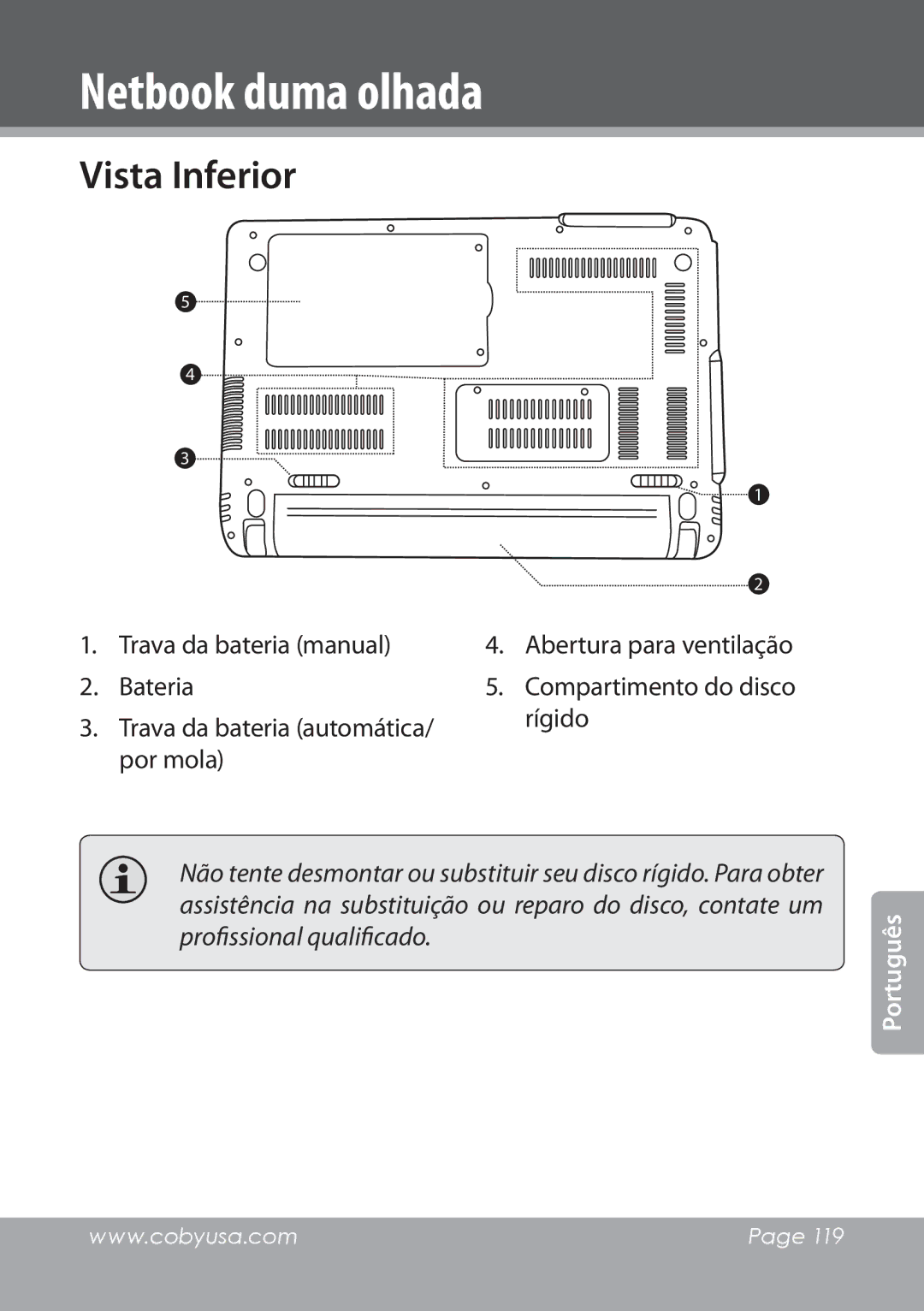 COBY electronic NBPC1022 instruction manual Trava da bateria manual Bateria, Abertura para ventilação 