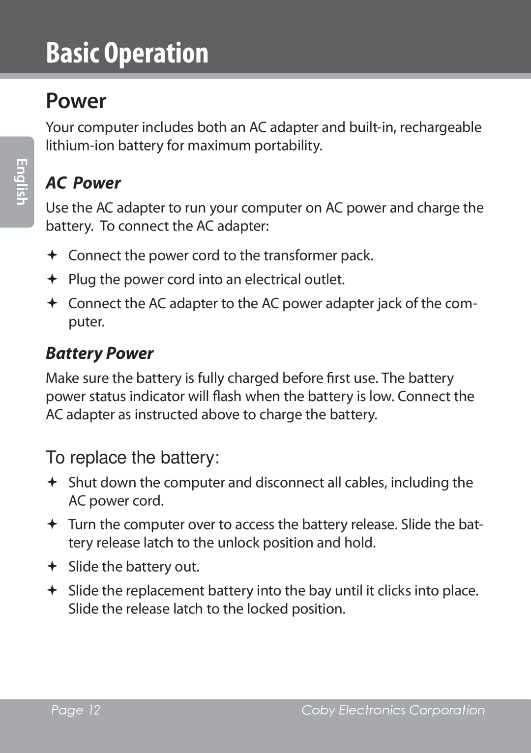 COBY electronic NBPC1022 instruction manual Basic Operation, AC Power, Battery Power, To replace the battery 