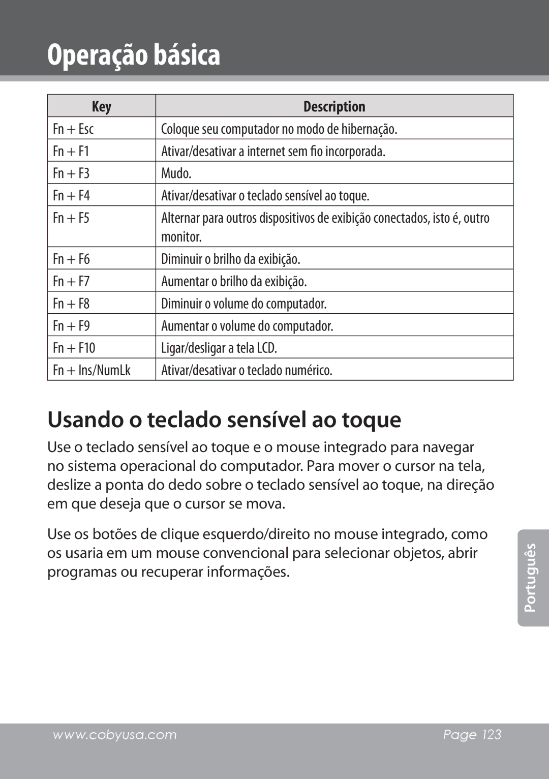 COBY electronic NBPC1022 instruction manual Usando o teclado sensível ao toque, Ativar/desativar o teclado numérico 