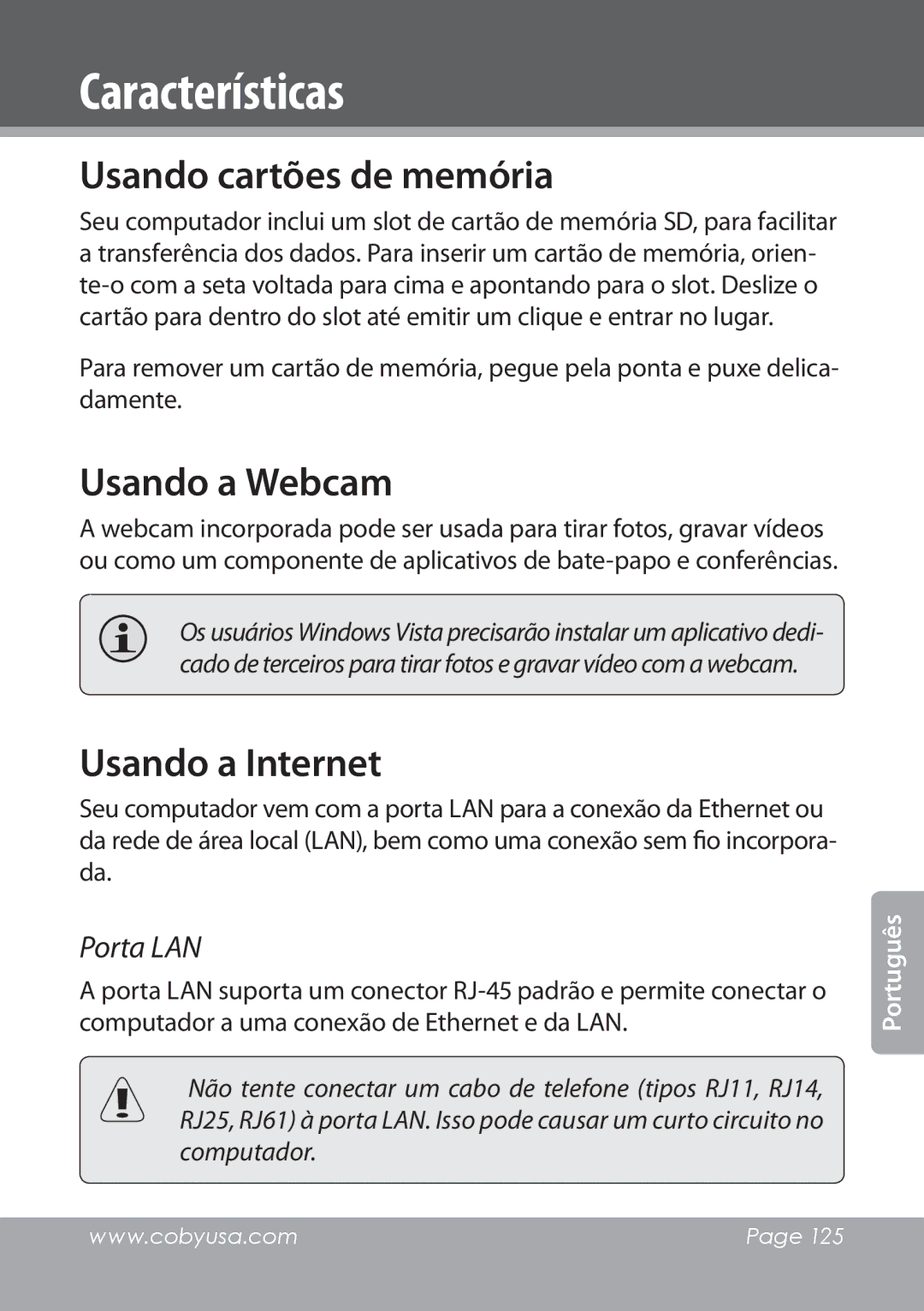 COBY electronic NBPC1022 instruction manual Usando cartões de memória, Usando a Webcam, Usando a Internet, Porta LAN 