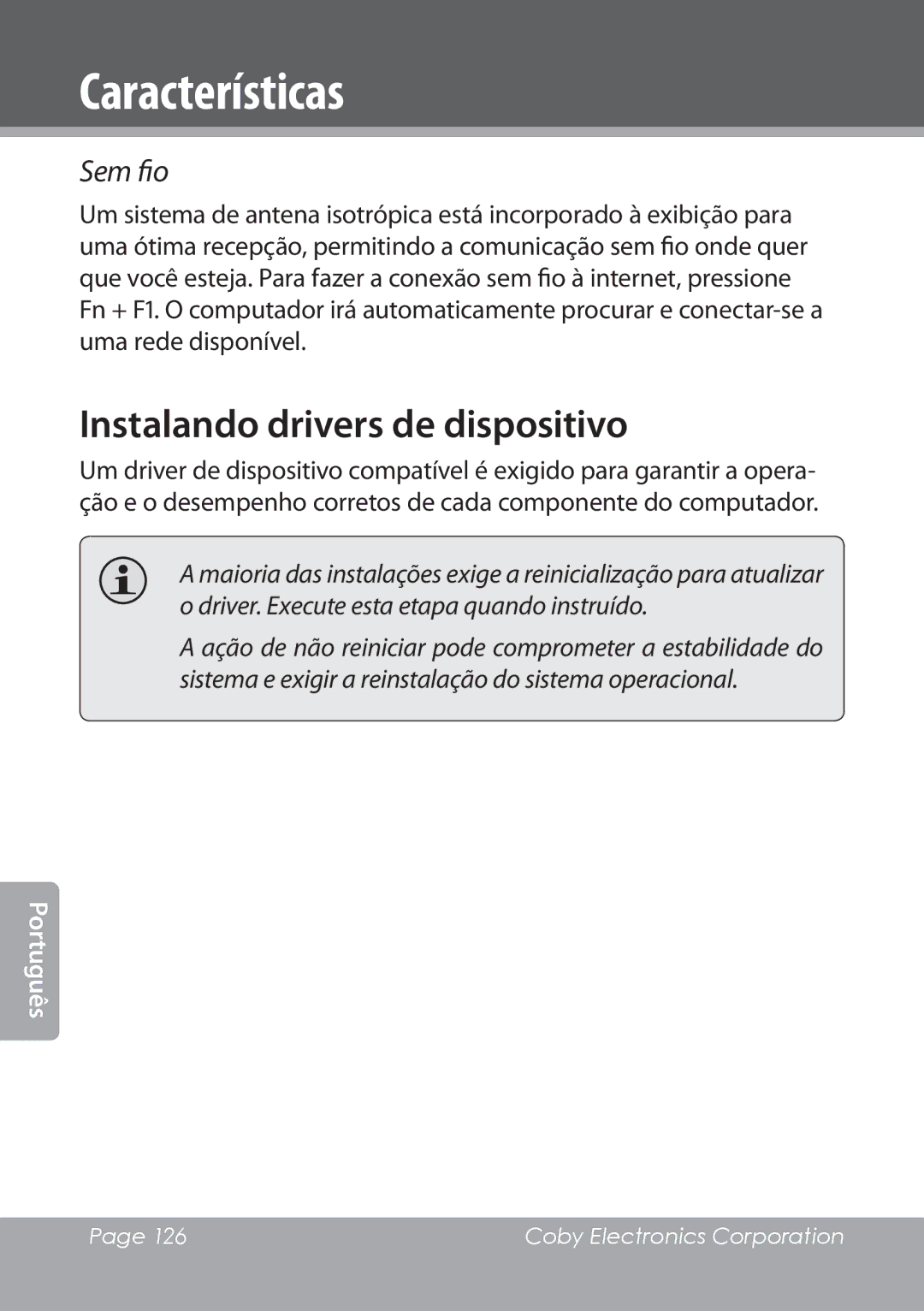 COBY electronic NBPC1022 instruction manual Instalando drivers de dispositivo, Sem fio 