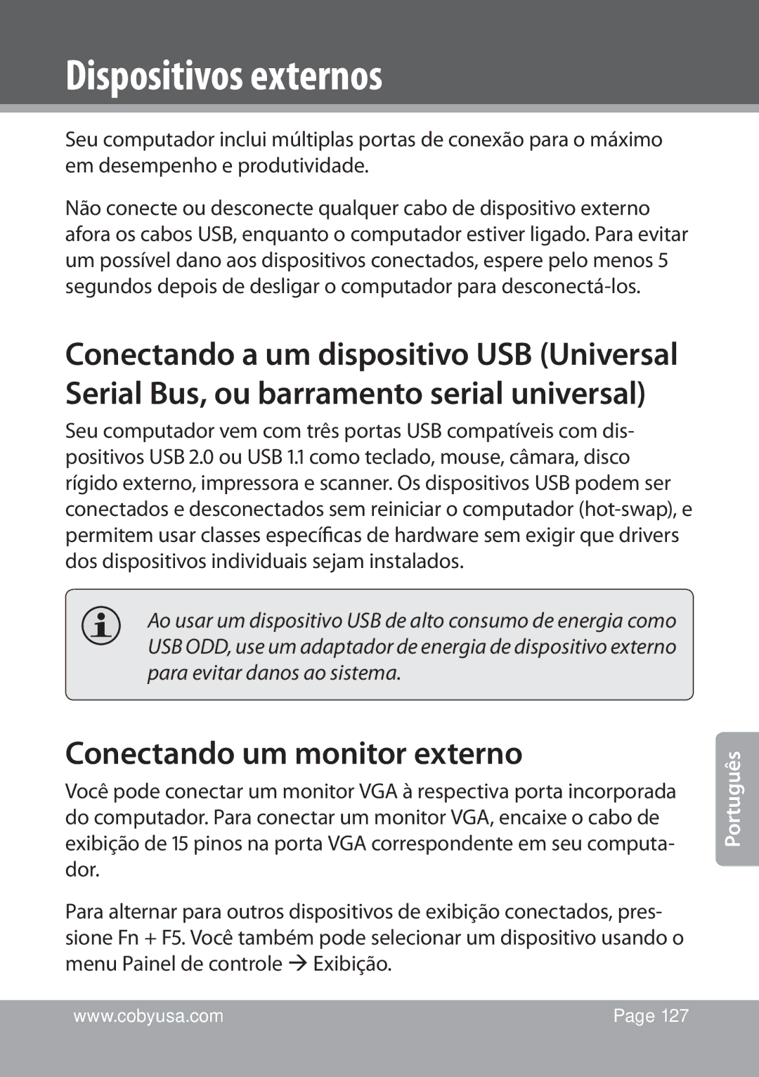 COBY electronic NBPC1022 instruction manual Dispositivos externos, Conectando um monitor externo 