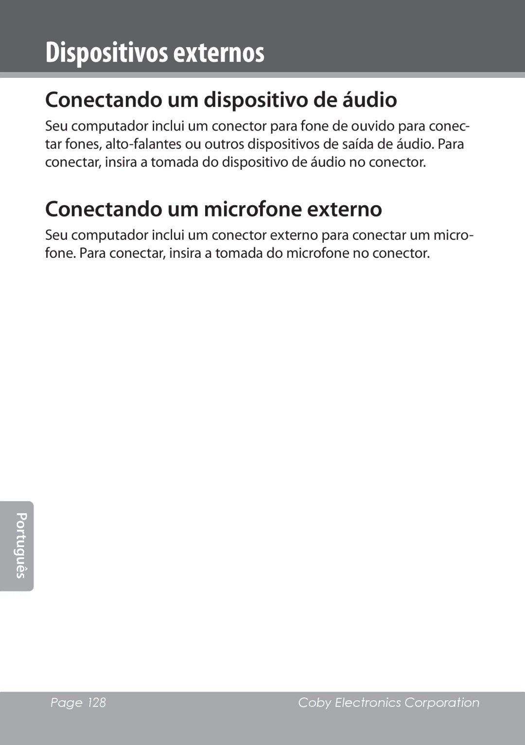 COBY electronic NBPC1022 instruction manual Conectando um dispositivo de áudio, Conectando um microfone externo 