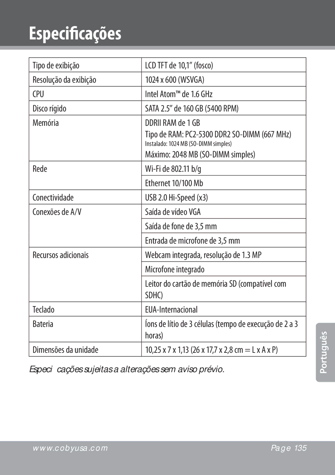 COBY electronic NBPC1022 instruction manual Especificações 