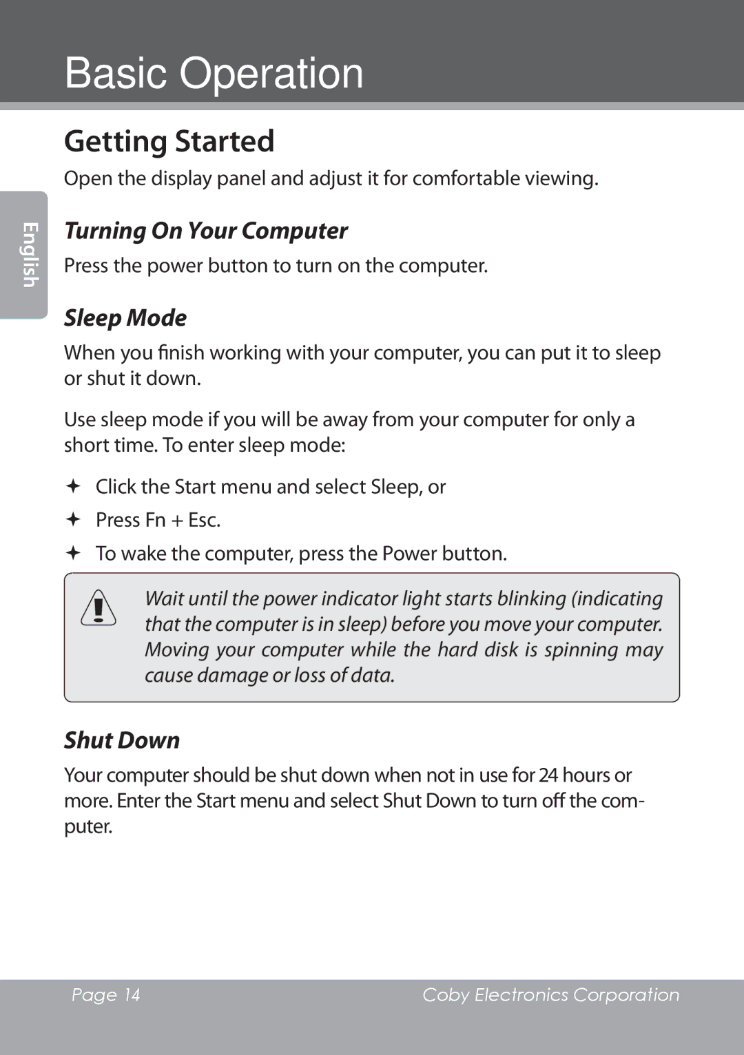 COBY electronic NBPC1022 instruction manual Getting Started, Turning On Your Computer, Sleep Mode, Shut Down 