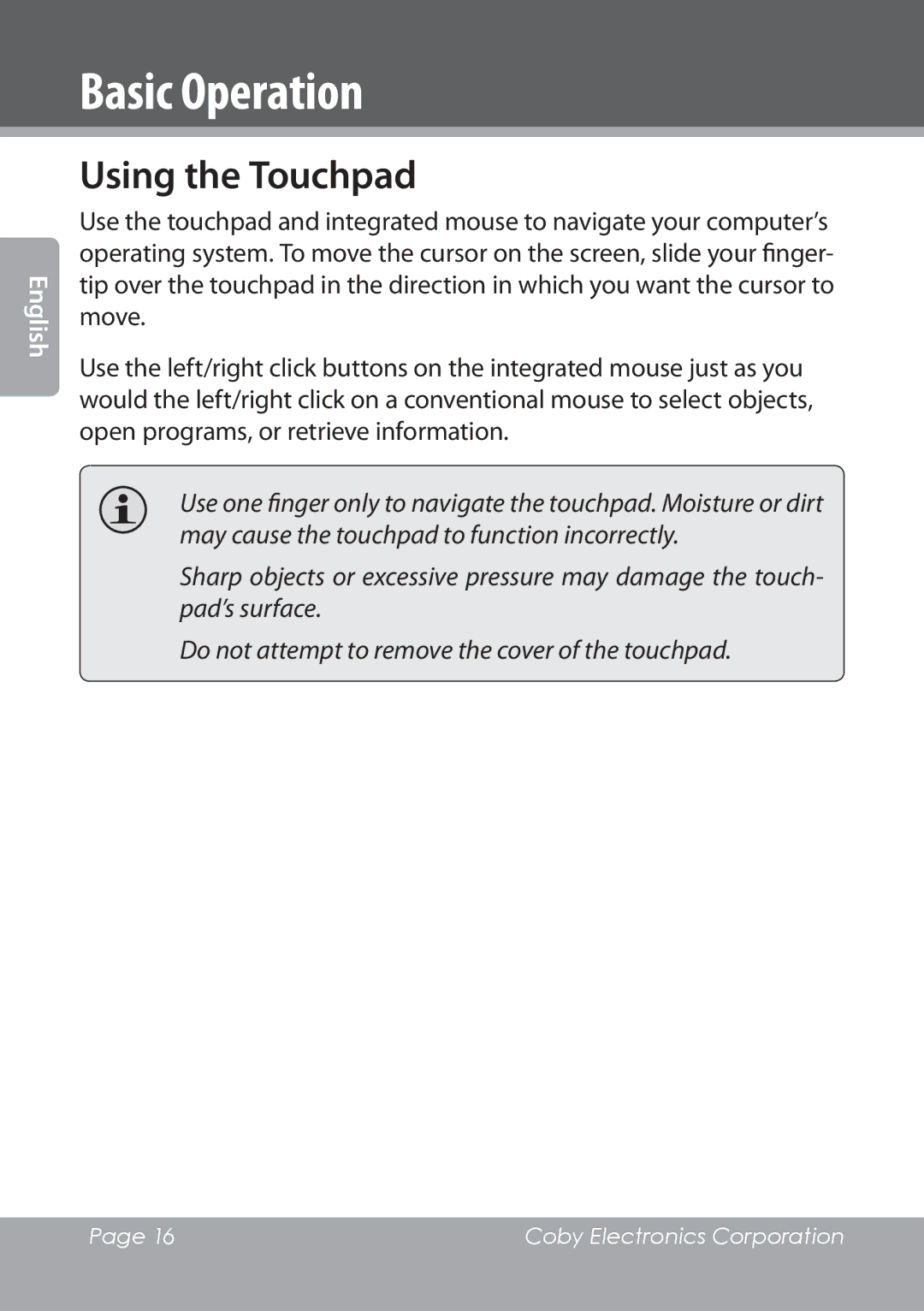 COBY electronic NBPC1022 instruction manual Using the Touchpad 