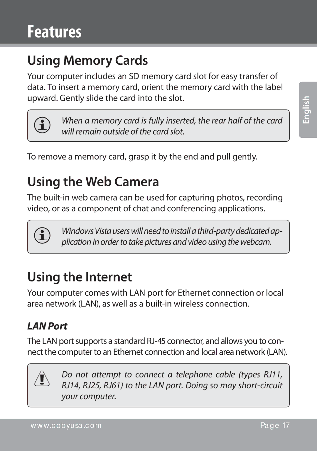 COBY electronic NBPC1022 Features, Using Memory Cards, Using the Web Camera, Using the Internet, LAN Port 