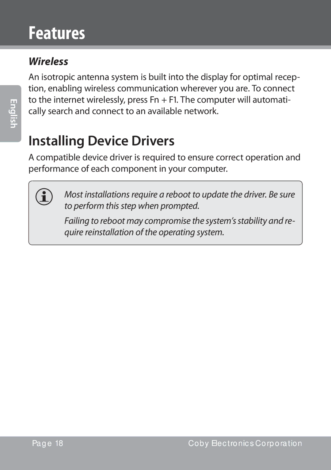 COBY electronic NBPC1022 instruction manual Installing Device Drivers, Wireless 