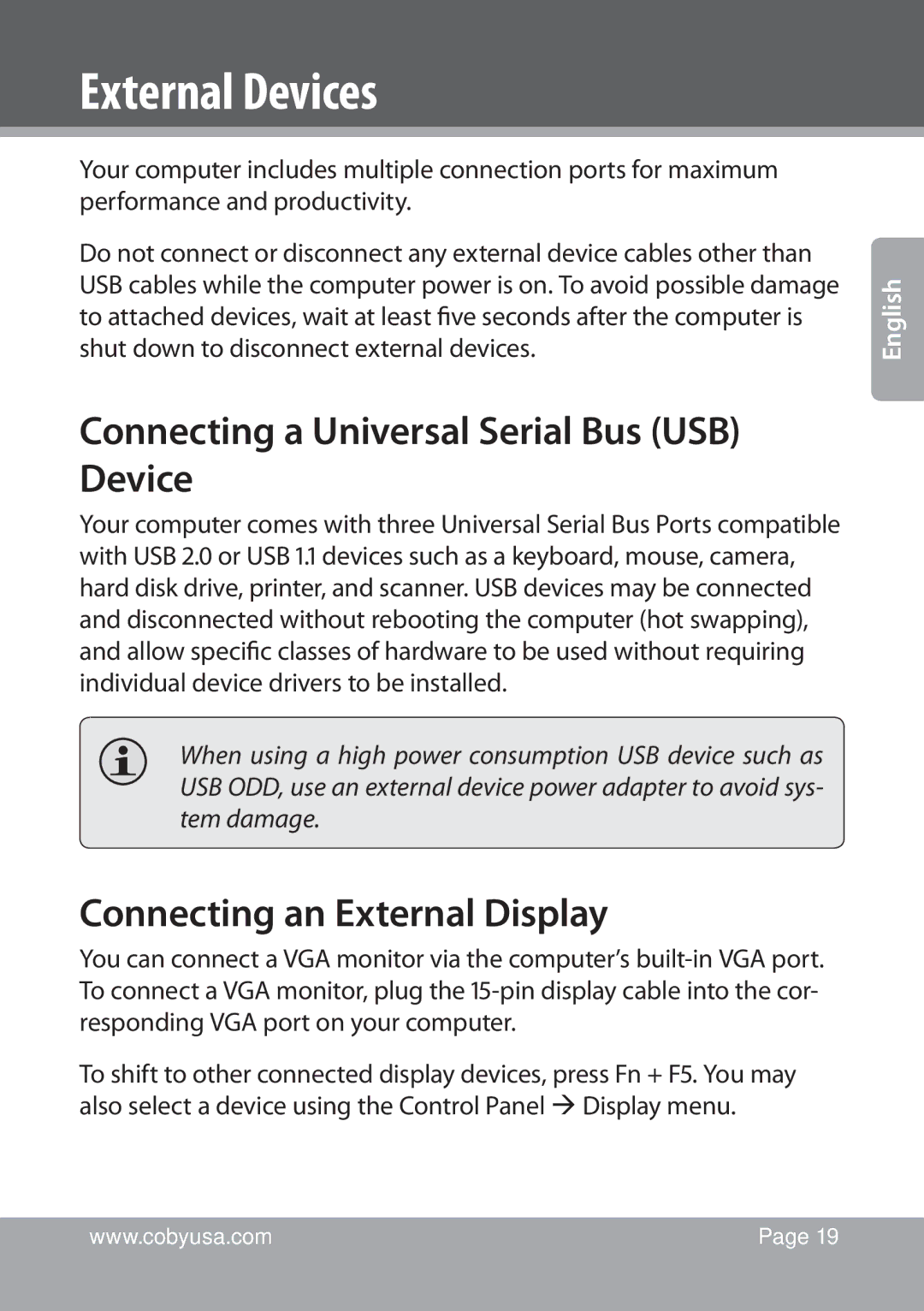 COBY electronic NBPC1022 External Devices, Connecting a Universal Serial Bus USB Device, Connecting an External Display 