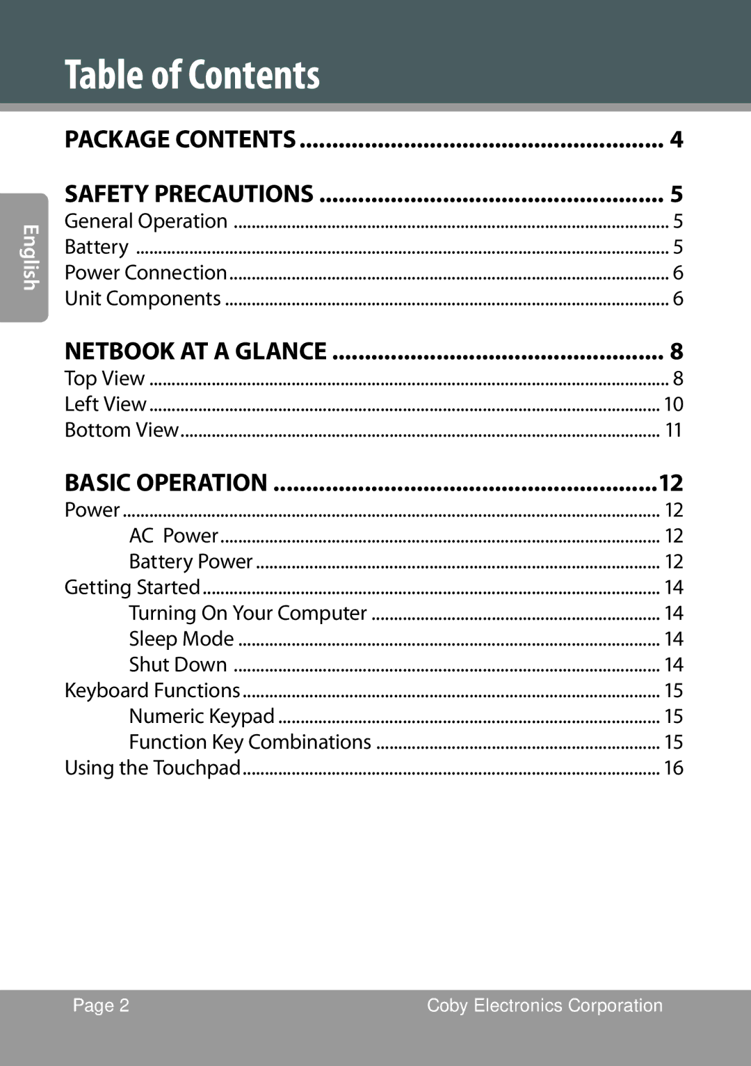 COBY electronic NBPC1022 instruction manual Table of Contents 