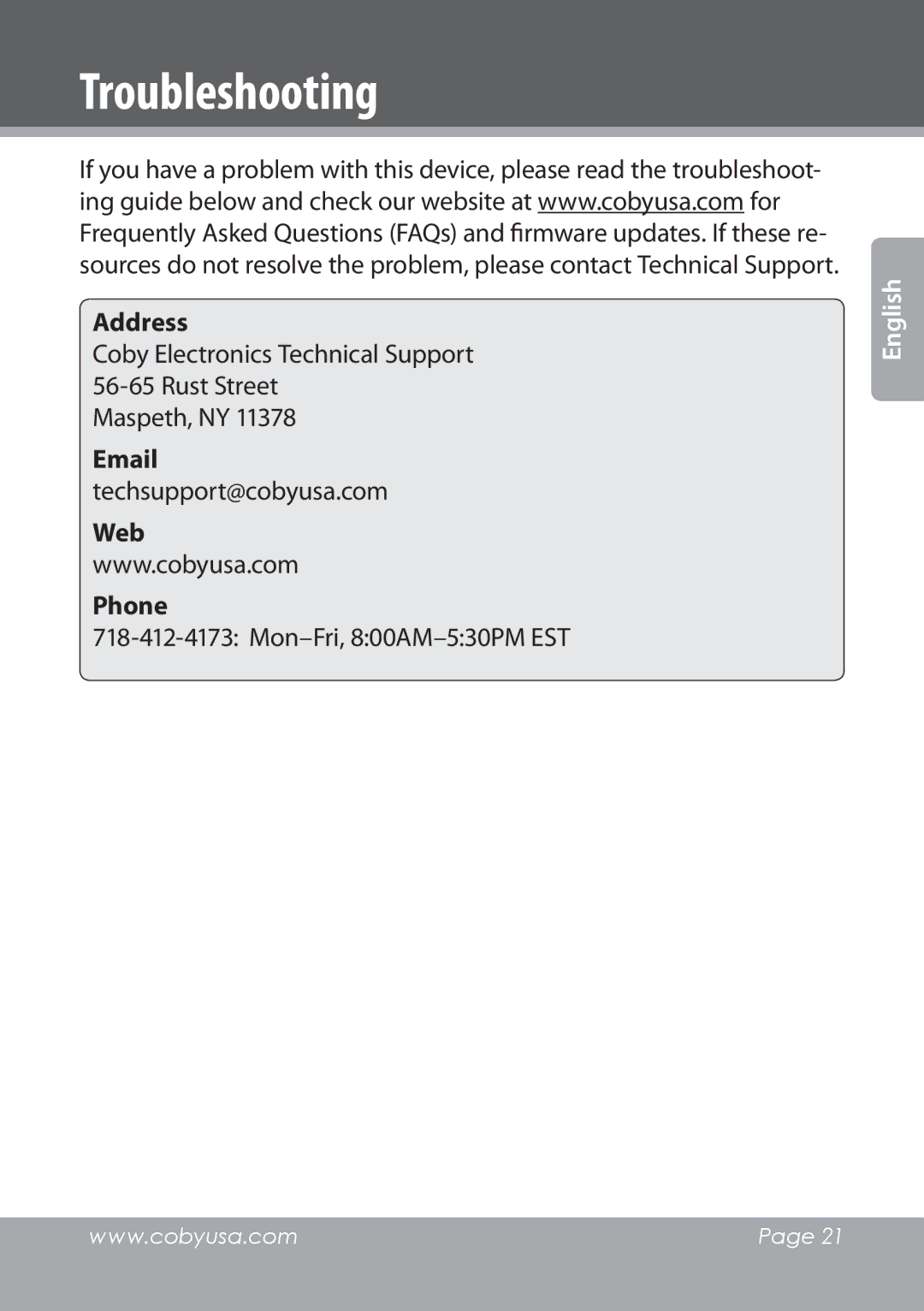 COBY electronic NBPC1022 instruction manual Troubleshooting, Address, Web Phone, Mon-Fri, 800AM-530PM EST 