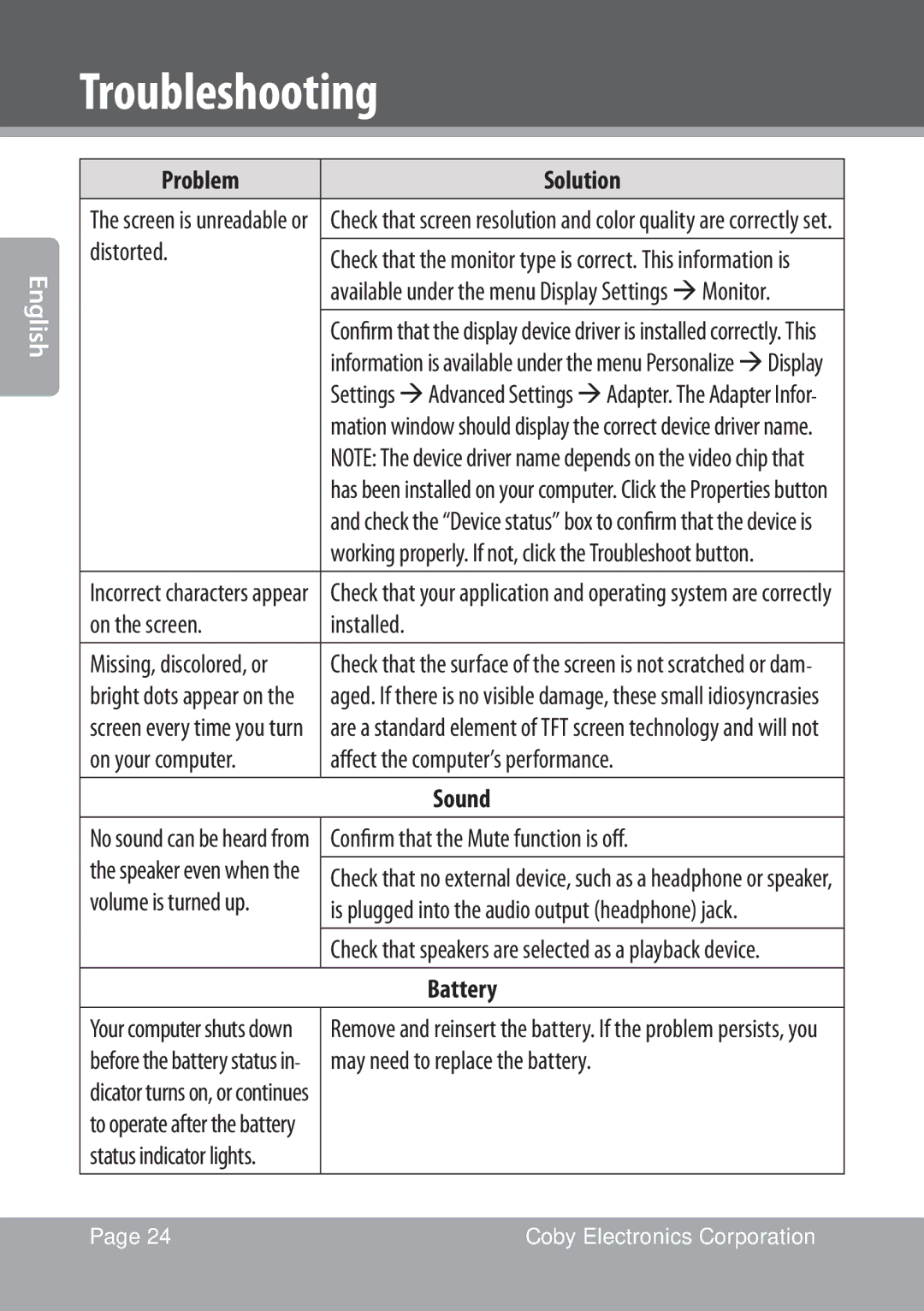 COBY electronic NBPC1022 instruction manual Sound, Battery 