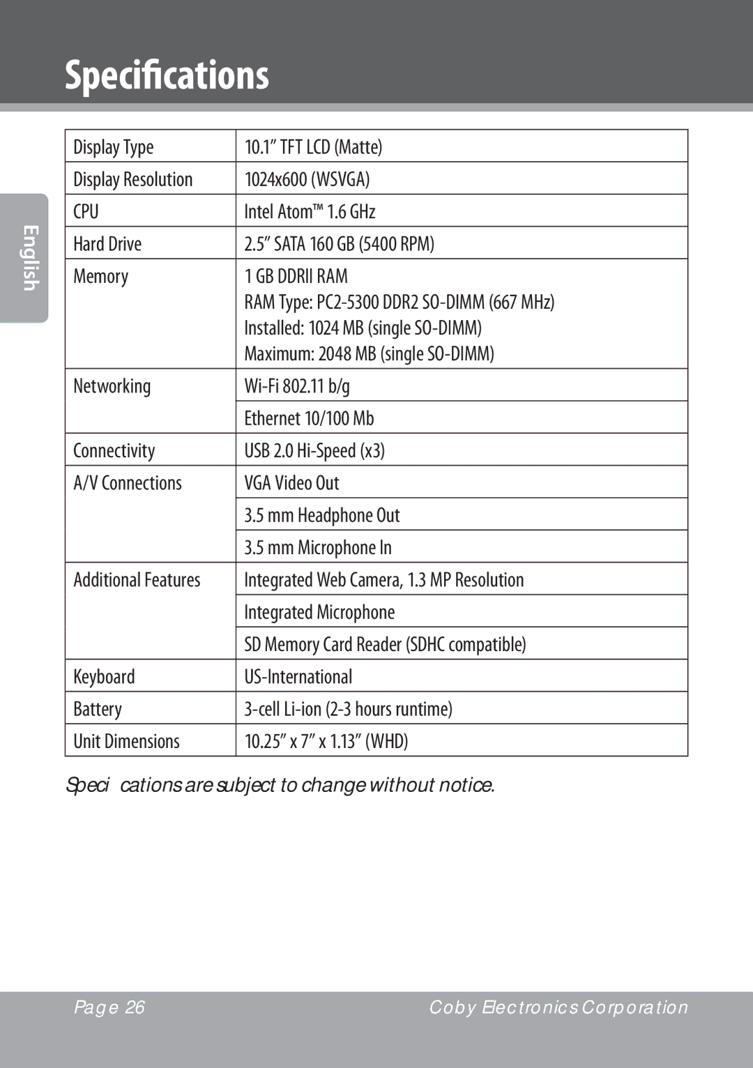 COBY electronic NBPC1022 instruction manual Specifications 