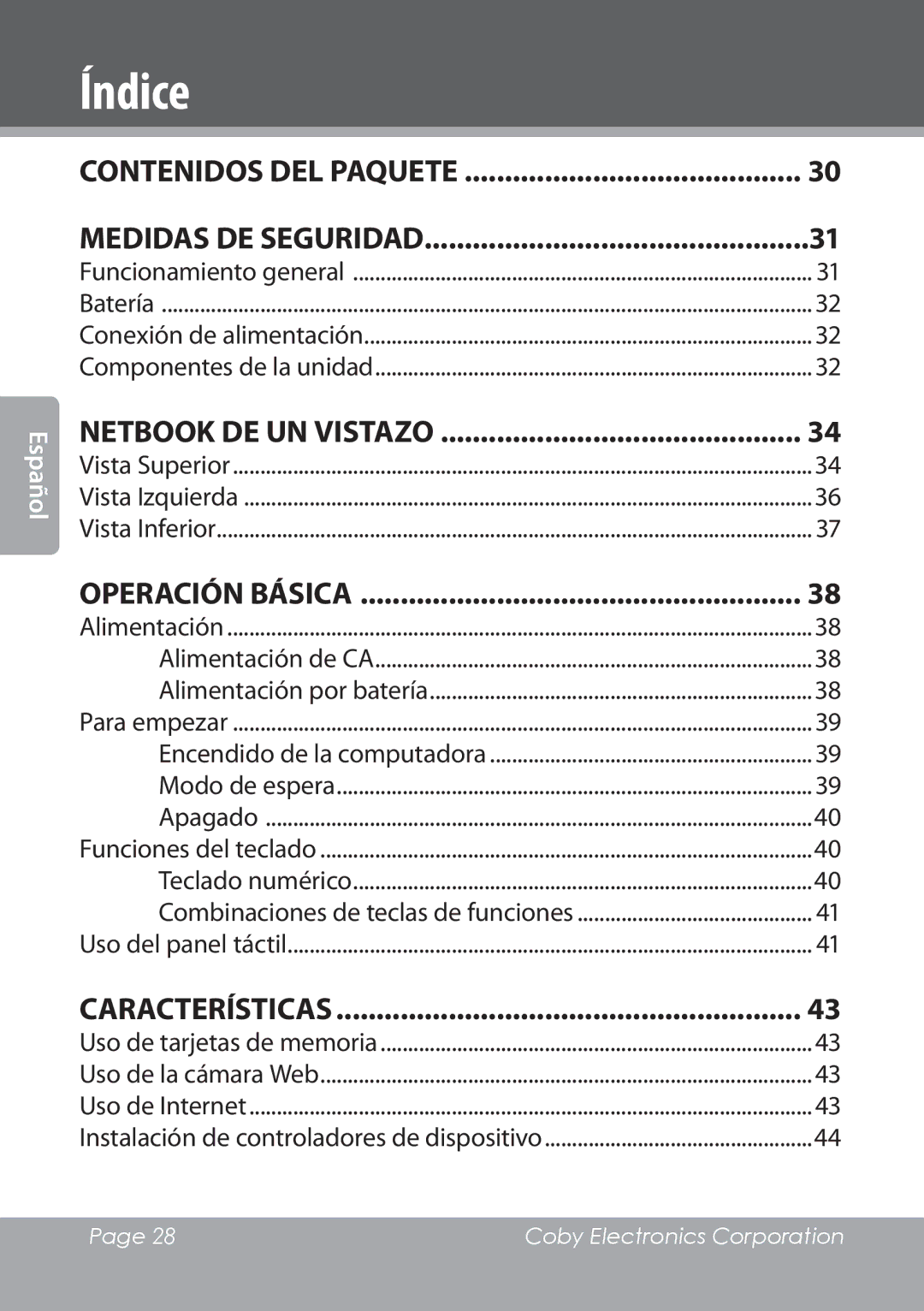 COBY electronic NBPC1022 instruction manual Índice, Contenidos del paquete 