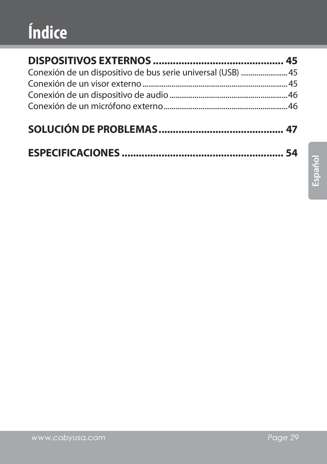 COBY electronic NBPC1022 instruction manual Dispositivos externos, Conexión de un dispositivo de bus serie universal USB 